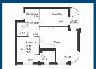 Продается 2-ком. квартира, 76.6 м2, Ростов-на-Дону