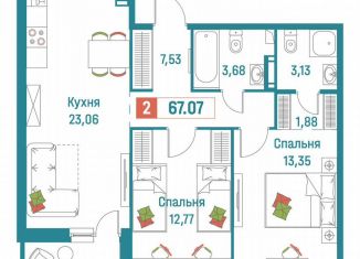 Продается 2-ком. квартира, 67.1 м2, Мурино, ЖК Графика