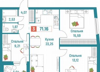 Трехкомнатная квартира на продажу, 71.2 м2, Мурино, ЖК Графика