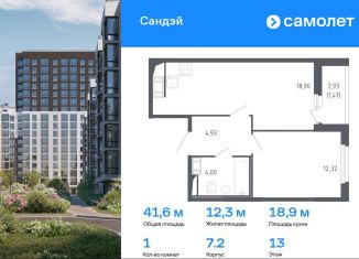 Продаю 1-комнатную квартиру, 41.6 м2, Санкт-Петербург, Красносельский район, жилой комплекс Сандэй, 7.2
