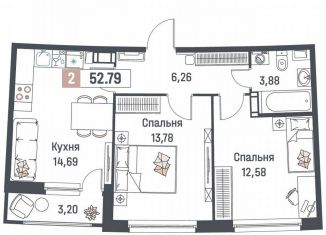 Продается 2-ком. квартира, 52.8 м2, Мурино, ЖК Авиатор