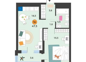 Продается 1-комнатная квартира, 44.8 м2, Тюмень, улица Надежды Шалагиной, 4