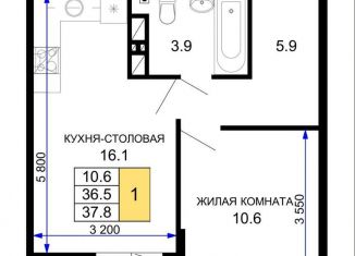 Продается 1-ком. квартира, 37.8 м2, Краснодар, ЖК Дыхание