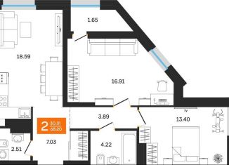 2-ком. квартира на продажу, 68.2 м2, Республика Башкортостан, улица Султанова, 30