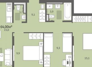 Трехкомнатная квартира на продажу, 64 м2, деревня Хохряки