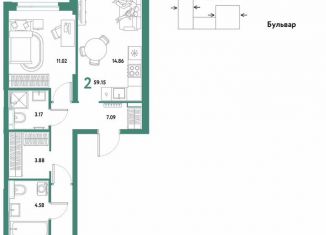 Продам двухкомнатную квартиру, 59.2 м2, Екатеринбург, Ленинский район