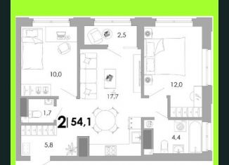 Продаю двухкомнатную квартиру, 54.1 м2, Владимир