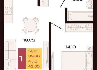 Однокомнатная квартира на продажу, 42.7 м2, Екатеринбург, Ленинский район