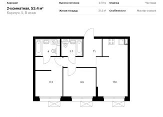 Продам двухкомнатную квартиру, 53.4 м2, Санкт-Петербург, метро Волковская