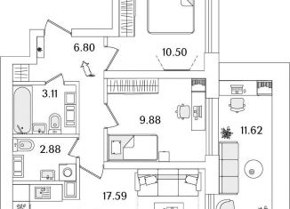 Двухкомнатная квартира на продажу, 54.3 м2, Санкт-Петербург, метро Лесная