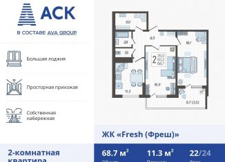 2-ком. квартира на продажу, 68.7 м2, Краснодар, улица имени Валерия Гассия, 4/7лит3, ЖК Фреш