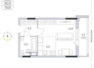 Квартира на продажу студия, 30.4 м2, деревня Пирогово, улица Ильинского, 8, ЖК Пироговская Ривьера