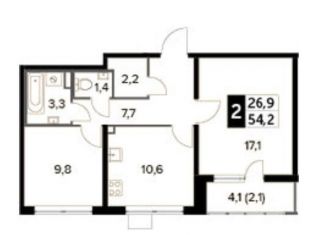 Двухкомнатная квартира на продажу, 54.2 м2, Люберцы, ЖК 1-й Лермонтовский, Рождественская улица, 12