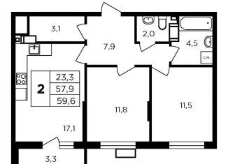 Продается двухкомнатная квартира, 61.5 м2, деревня Кабицыно, жилой комплекс Соседи, 2