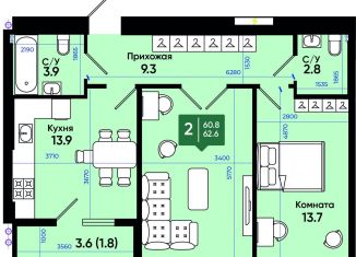 Продаю 2-ком. квартиру, 63.6 м2, Ростовская область, улица Олимпийское Кольцо, 36к17