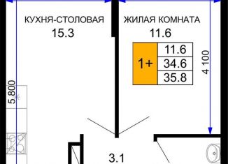 Продаю однокомнатную квартиру, 35.8 м2, Краснодар, ЖК Дыхание