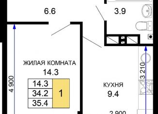 1-комнатная квартира на продажу, 35.4 м2, Краснодар, ЖК Дыхание