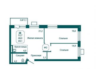 2-ком. квартира на продажу, 69.1 м2, рабочий посёлок Андреевка, жилой комплекс Андреевка Лайф, 3