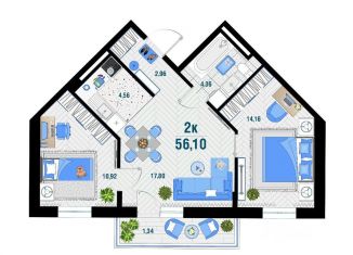 Продаю 2-ком. квартиру, 56.1 м2, посёлок городского типа Яблоновский, Базовская улица, 21