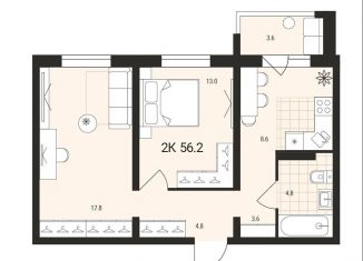 Продается 2-комнатная квартира, 56.2 м2, Обь, Геодезическая улица, 6Вк3